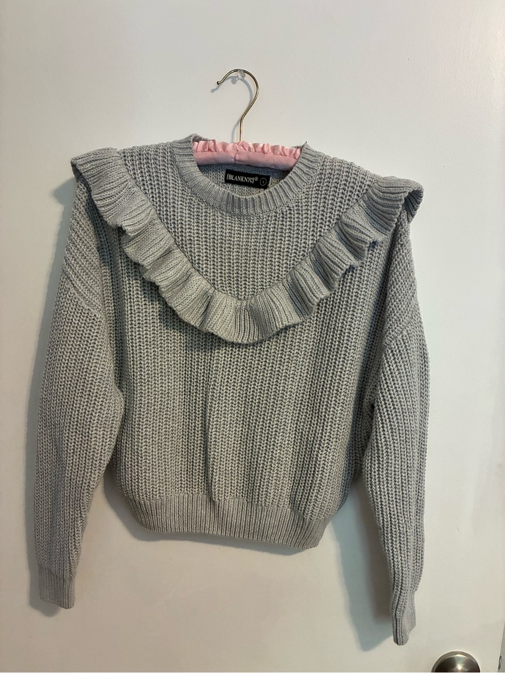 Blank NYC Gray Ruffle-Trim Crewneck Sweater